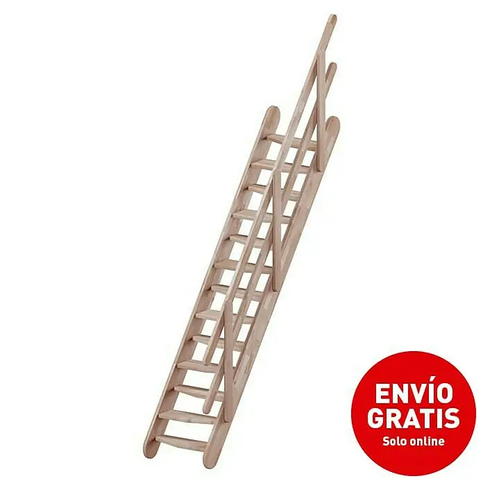 Sogem Escalera principal Osaka - Haya, Ancho: 60 cm, Altura de planta: 230 cm, Con barandilla - Una escalera de madera para ático con barandilla, ideal para acceder fácilmente a áticos o espacios similares. Acabado natural y robusto.