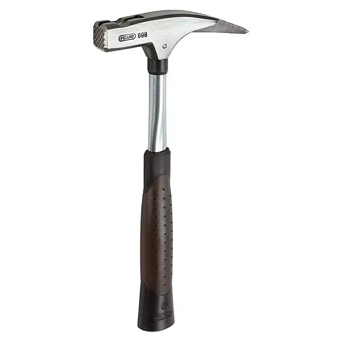 Picard Latthammer - Gewicht Kopf: 600 g, Chrom-Molybdän-Stahl - Picard 698 Hammer mit karierter Schlagfläche, gebogener Klaue, poliertem Metallschaft und ergonomischem dunkelbraunem perforierten Griff.