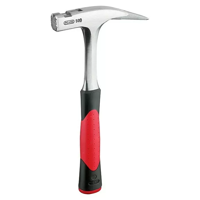 Picard Latthammer - Gewicht Kopf: 860 g, Spezialstahl - Silberner Picard Maurerhammer mit strukturierter Schlagfläche, spitzer Endung und ergonomischem rot-schwarzem Griff.