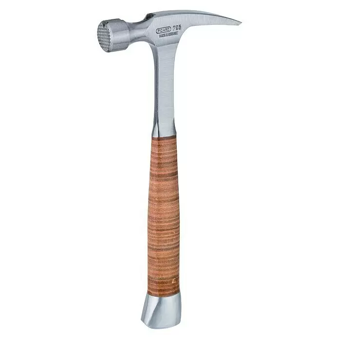Picard Latthammer geraut - Gewicht Kopf: 1.000 g, Material Griff: Leder - Silberner Metallhammer mit strukturierter Bahn, gebogenem Finne und braunem Ledergriff. Marke 'PICARD 795' sichtbar.