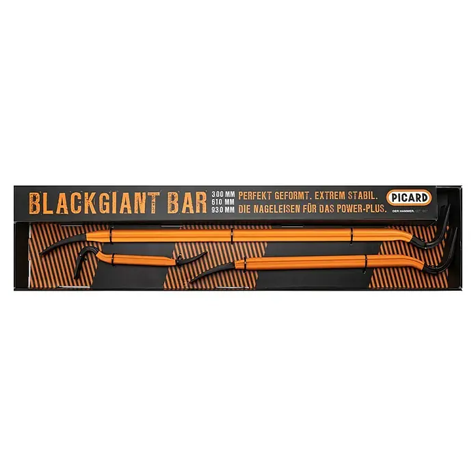 Picard Nageleisen-Set BlackGiant-Bar® - Spezialstahl, 3 -tlg. - Zwei orangefarbene Picard Blackgiant Brecheisen unterschiedlicher Größe, sicher verpackt in einem Karton mit Produktinformationen.