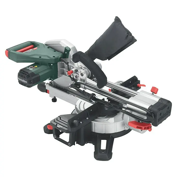 Metabo Kapp- & Gehrungssäge KGS 216 M Set - 1.500 W, Durchmesser Sägeblatt: 216 mm, Leerlaufdrehzahl: 5.000 U/min - Bild einer Metabo Kapp- und Gehrungssäge mit Zugfunktion, ideal für präzise Holzzuschnitte in Werkstätten.