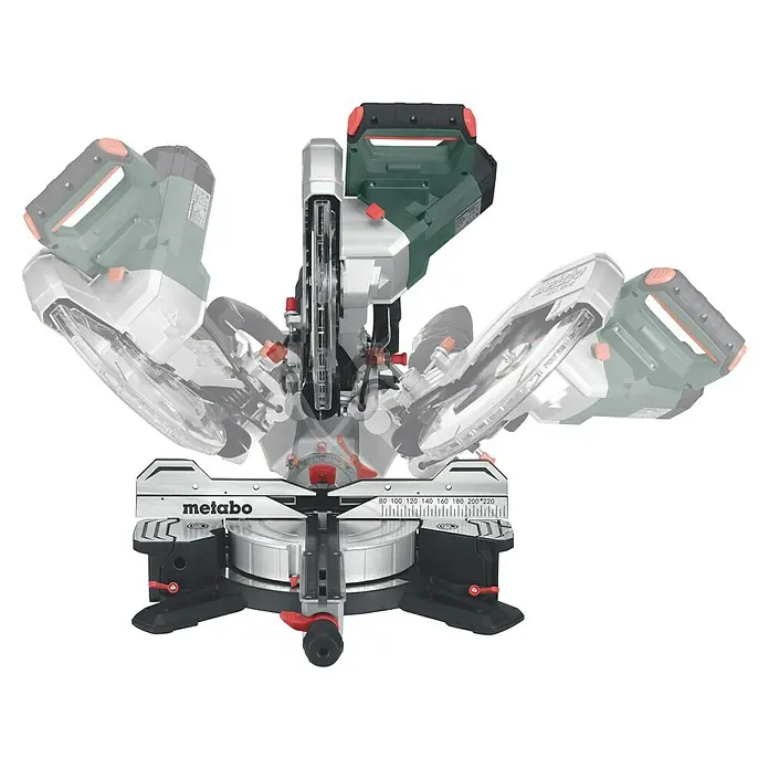 Metabo Kapp- & Gehrungssäge KGS 305 M - 1.600 W, Durchmesser Sägeblatt: 305 mm, Leerlaufdrehzahl: 3.700 U/min - Eine Metabo Kapp- und Gehrungssäge mit schwenkbarem Sägekopf für präzise Schnitte in verschiedenen Winkeln.