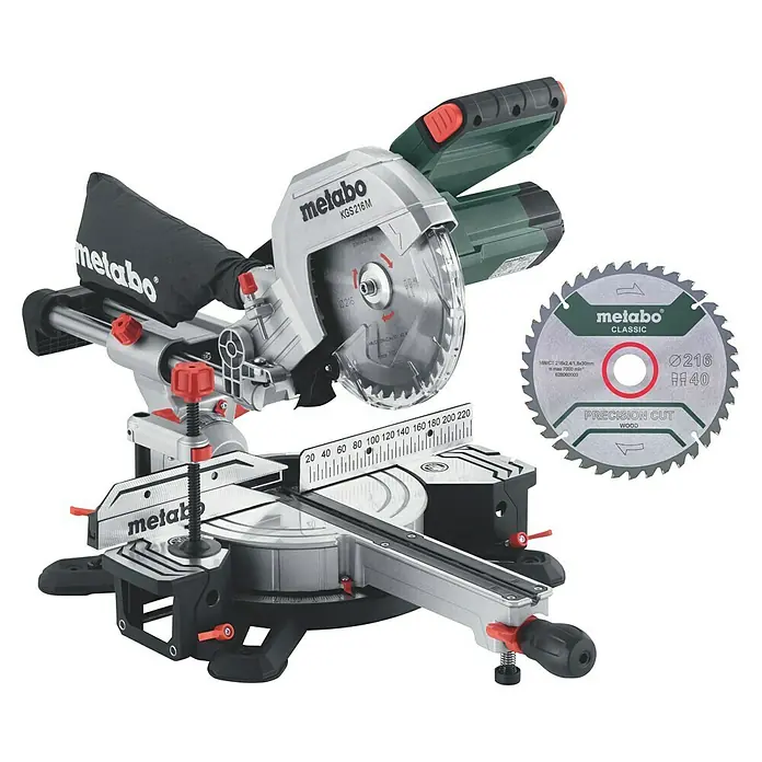 Metabo Kapp- & Gehrungssäge KGS 216 M Set - 1.500 W, Durchmesser Sägeblatt: 216 mm, Leerlaufdrehzahl: 5.000 U/min - Die Metabo KGS 216 M Kapp- und Gehrungssäge mit Präzisionssägeblatt für präzise Holzzuschnitte in Werkstätten und Baustellen.