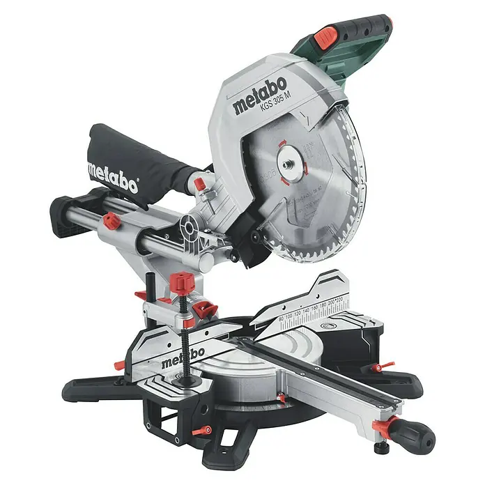 Metabo Kapp- & Gehrungssäge KGS 305 M - 1.600 W, Durchmesser Sägeblatt: 305 mm, Leerlaufdrehzahl: 3.700 U/min - Eine Metabo KGS 305 M Kapp- und Gehrungssäge in Silber und Schwarz, ideal für präzise Holzarbeiten und vielseitige Anwendungen.