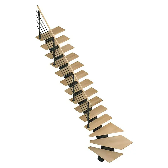 Sogem Escalera principal Gomera con barandilla - Haya, Ancho: 85 cm, 1/4 espiral izquierda, Negro, Altura de planta: 285,2 cm - Elegante escalera con peldaños de madera y un diseño de barandilla moderno. La escalera se integra en interiores.