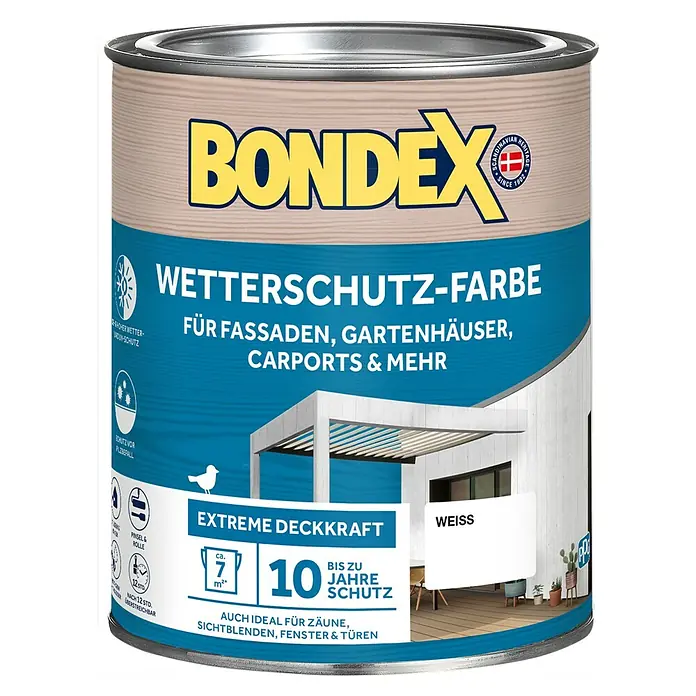 Bondex Wetterschutzfarbe - Weiß, Seidenglänzend, 750 ml - Farbdose Bondex Wetterschutz-Farbe, ideal für Fassaden, Gartenhäuser und Carports. Bietet bis zu 10 Jahre Schutz und ist auch für Zäune geeignet.
