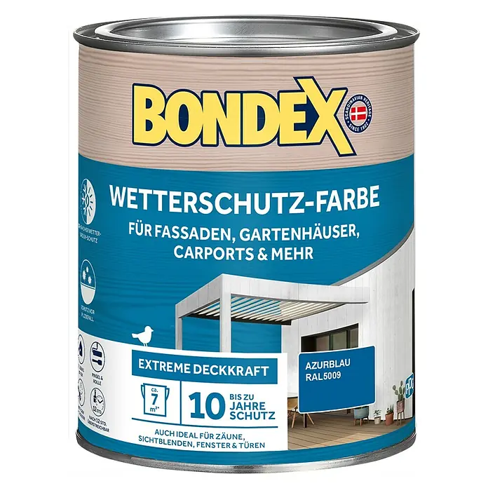 Bondex Wetterschutzfarbe RAL 5009 - Azurblau, Seidenglänzend, 750 ml - Dose Bondex Wetterschutzfarbe Azurblau RAL5009 für Fassaden, Gartenhäuser und Carports mit extremer Deckkraft und bis zu 10 Jahren Schutz.