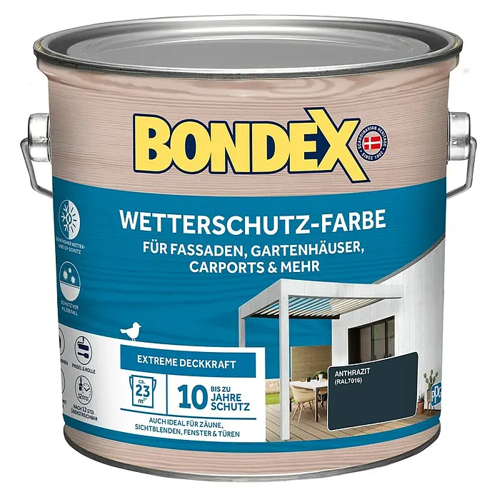 Bondex Wetterschutzfarbe RAL 7016 - Anthrazit, Seidenglänzend, 2,5 l - Farbdose Bondex Wetterschutzfarbe Anthrazit für Fassaden, Gartenhäuser und mehr. Sehr hoher Wetter- und UV-Schutz.