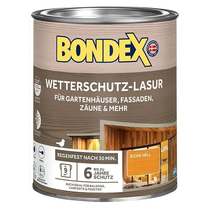 Bondex Holzlasur Wetterschutz-Lasur - Eiche Hell, 750 ml, Seidenglänzend - Dose Bondex Wetterschutz-Lasur Eiche Hell, ideal für Gartenhäuser, Fassaden und Zäune, bietet bis zu 6 Jahre Schutz und ist nach 30 Minuten regenfest.