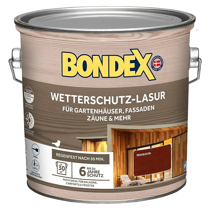 Bondex Holzlasur Wetterschutz-Lasur - Mahagoni, 2,5 l, Seidenglänzend - Wetterfeste Bondex Wetterschutz-Lasur für den Außenbereich, ideal für Gartenhäuser, Fassaden, Zäune und mehr. Mahagoni-Farbton für bis zu 6 Jahre Schutz.