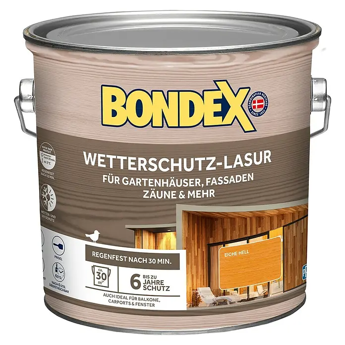 Bondex Holzlasur Wetterschutz-Lasur - Eiche Hell, 2,5 l, Seidenglänzend - Dose Bondex Wetterschutz-Lasur für Gartenhäuser, Fassaden und Zäune. Schützt bis zu 6 Jahre und ist nach 30 Min. regenfest.