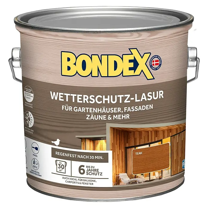 Bondex Holzlasur Wetterschutz-Lasur - Teak, 2,5 l, Seidenglänzend - Dose Bondex Wetterschutz-Lasur Teak für Gartenhäuser, Fassaden und Zäune. Wetter- und UV-Schutz, schnell regenfest und bis zu 6 Jahre Schutz.