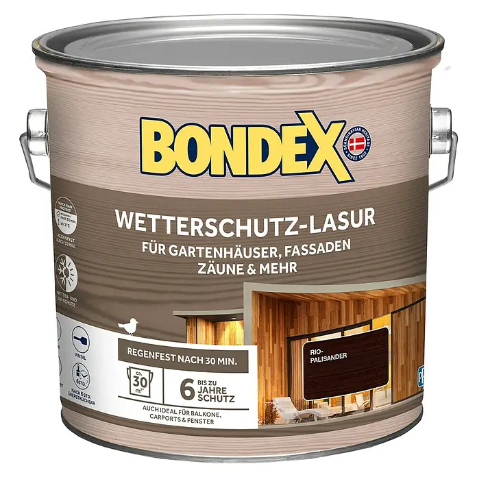 Bondex Holzlasur Wetterschutz-Lasur - Rio-Palisander, 2,5 l, Seidenglänzend - Farbdose Bondex Wetterschutz-Lasur Rio-Palisander für Gartenhäuser, Fassaden, Zäune & mehr. Wetter- und UV-Schutz.