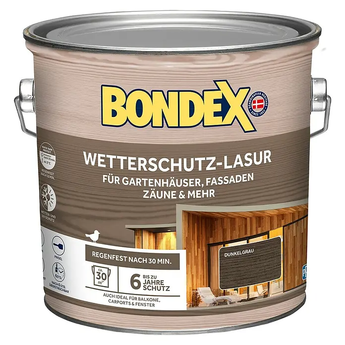 Bondex Holzlasur Wetterschutz-Lasur - Dunkelgrau, 2,5 l, Seidenglänzend - Dunkelgraue Bondex Wetterschutz-Lasur für Gartenhäuser, Fassaden und Zäune. Schützt bis zu 6 Jahre und ist regenfest nach 30 Minuten.