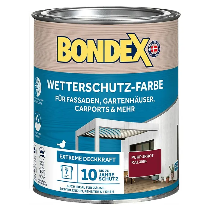 Bondex Wetterschutzfarbe RAL 3004 - Purpurrot, Seidenglänzend, 750 ml - Farbdose Bondex Wetterschutz-Farbe für Fassaden, Gartenhäuser, Carports und mehr in Purpurrot RAL3004 für bis zu 10 Jahre Schutz.