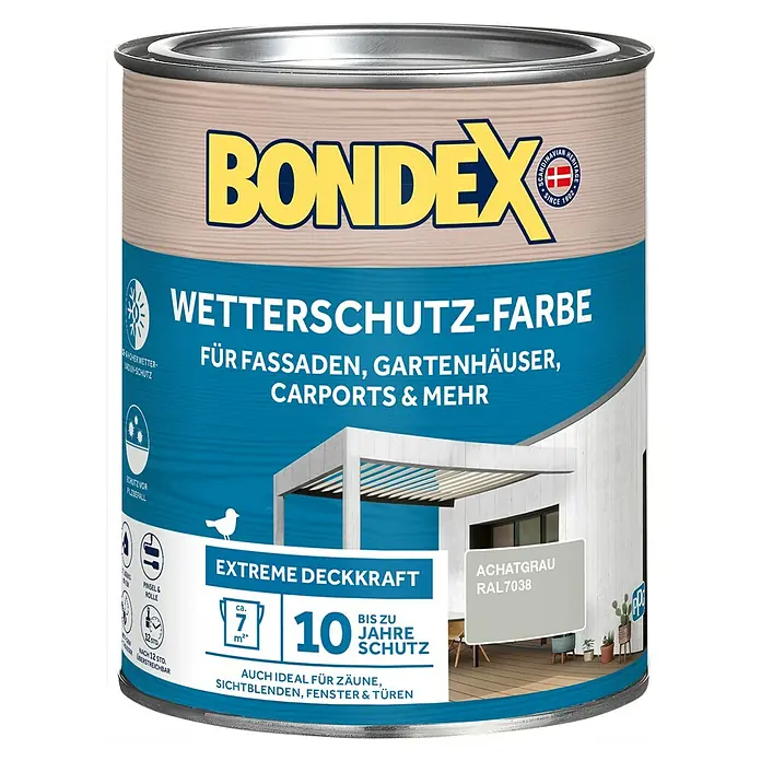 Bondex Wetterschutzfarbe RAL 7038 - Achatgrau, Seidenglänzend, 750 ml - Dose Bondex Wetterschutz-Farbe Achatgrau RAL7038 für Fassaden, Gartenhäuser und Carports mit extrem hoher Deckkraft und bis zu 10 Jahren Schutz.