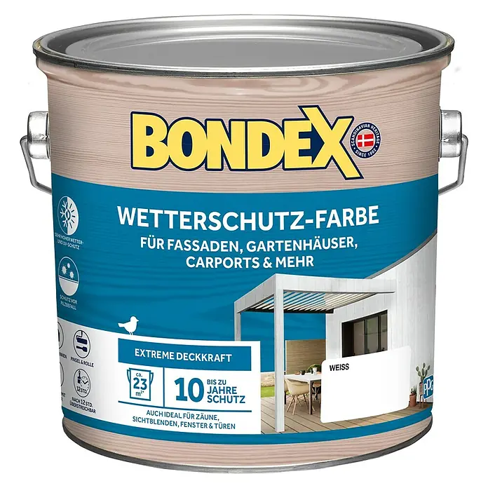 Bondex Wetterschutzfarbe - Weiß, Seidenglänzend, 2,5 l - Bild einer Dose Bondex Wetterschutzfarbe für Fassaden, Gartenhäuser und Carports. Die Farbe bietet bis zu 10 Jahre Schutz.