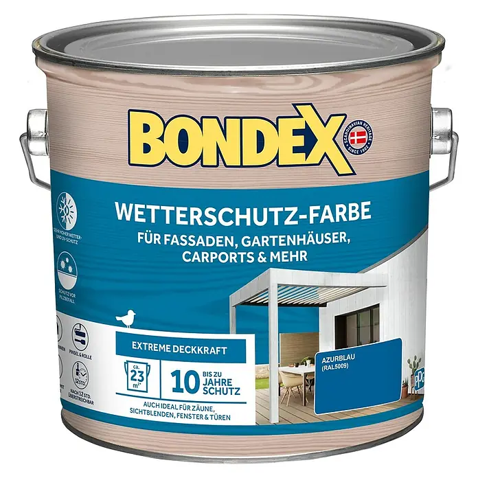 Bondex Wetterschutzfarbe RAL 5009Azurblau, Seidenglänzend, 2,5 l