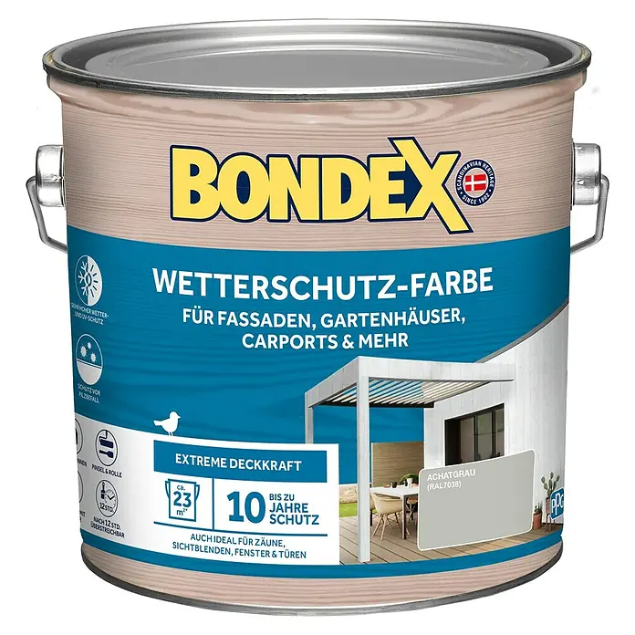 Bondex Wetterschutzfarbe RAL 7038 - Achatgrau, Seidenglänzend, 2,5 l - Abbildung einer Dose Bondex Wetterschutz-Farbe, ideal für Fassaden, Gartenhäuser und Carports. Bietet bis zu 10 Jahre Schutz.