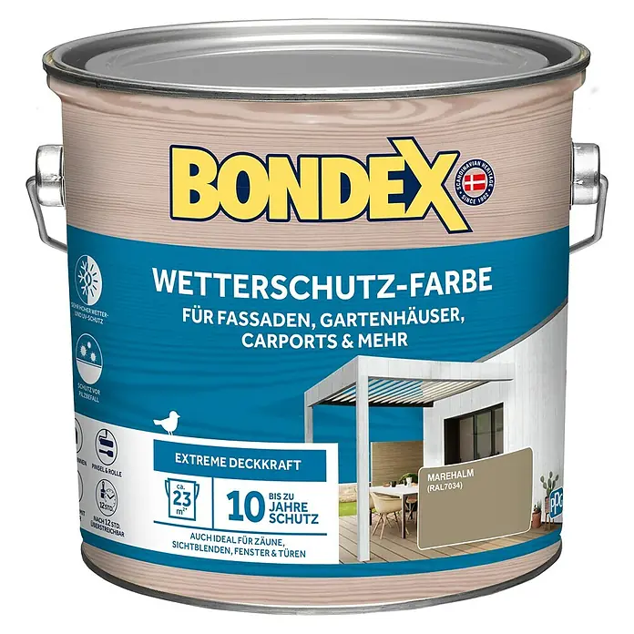 Bondex Wetterschutzfarbe RAL 7034 - Marehalm, Seidenglänzend, 2,5 l - Dose Bondex Wetterschutzfarbe Marehalm (RAL7034) für Fassaden, Gartenhäuser, Carports und mehr. Extrem deckkräftig und bis zu 10 Jahre Schutz.