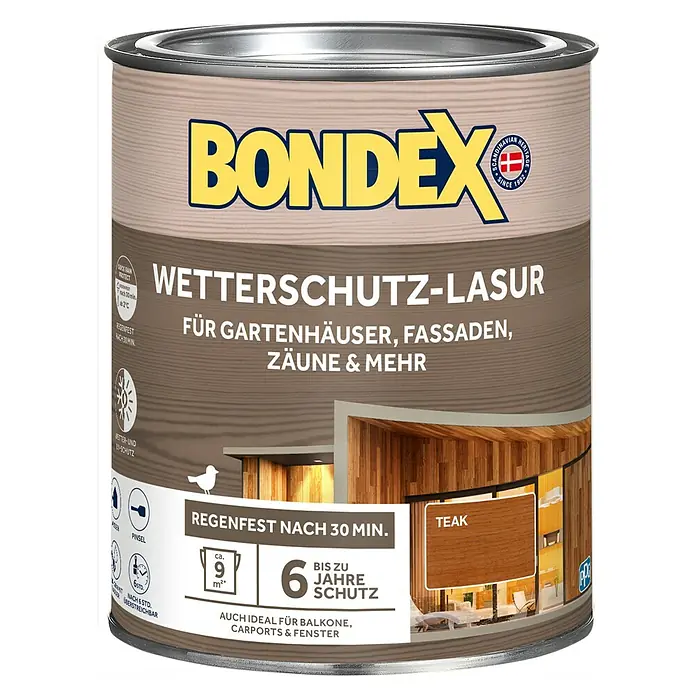 Bondex Holzlasur Wetterschutz-Lasur - Teak, 750 ml, Seidenglänzend - Farbdose Bondex Wetterschutz-Lasur Teak, ideal für Gartenhäuser, Fassaden, Zäune und mehr, bietet bis zu 6 Jahre Schutz.