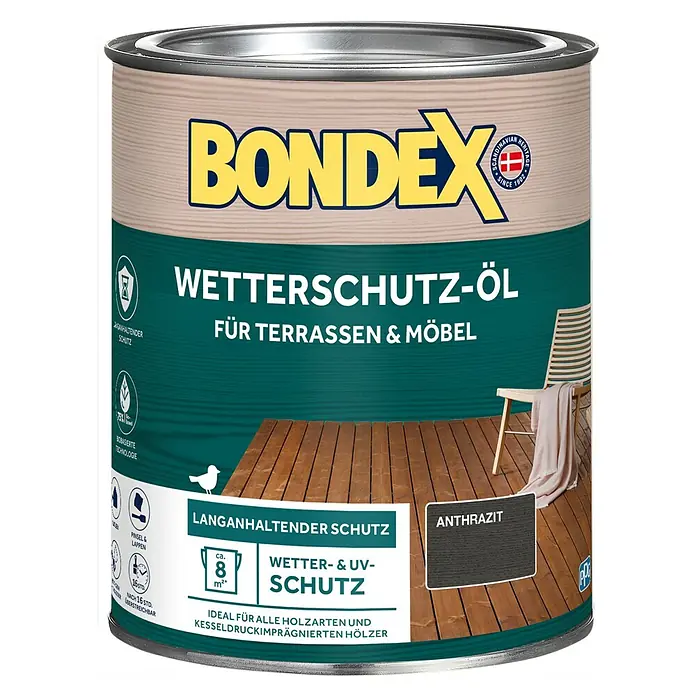 Bondex Holzöl Wetterschutz-Öl - Anthrazit, 750 ml - Bild einer Dose Bondex Wetterschutz-Öl, Anthrazit, für Terrassen und Möbel, mit skandinavischem Erbe und UV-Schutz.