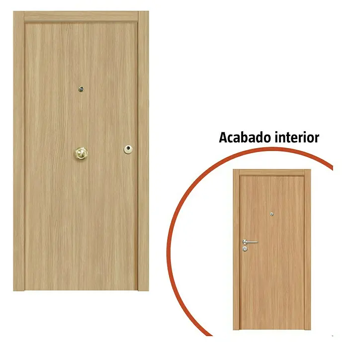 Solid Elements Puerta de entrada interior - 82,5 x 203 cm, Izquierda, Roble claro, Semiblindada - Puerta de madera clara con mirilla y pomo redondo como puerta exterior y otra puerta clara como puerta interior.