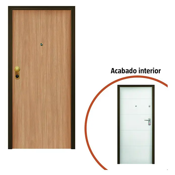 Solid Elements Puerta de entrada interior - 80 x 204 cm, Derecha, Roble/Blanco lacado 400, Acorazada - Una puerta de entrada moderna con aspecto de madera y marco marrón, además de una puerta interior blanca con diseño minimalista.