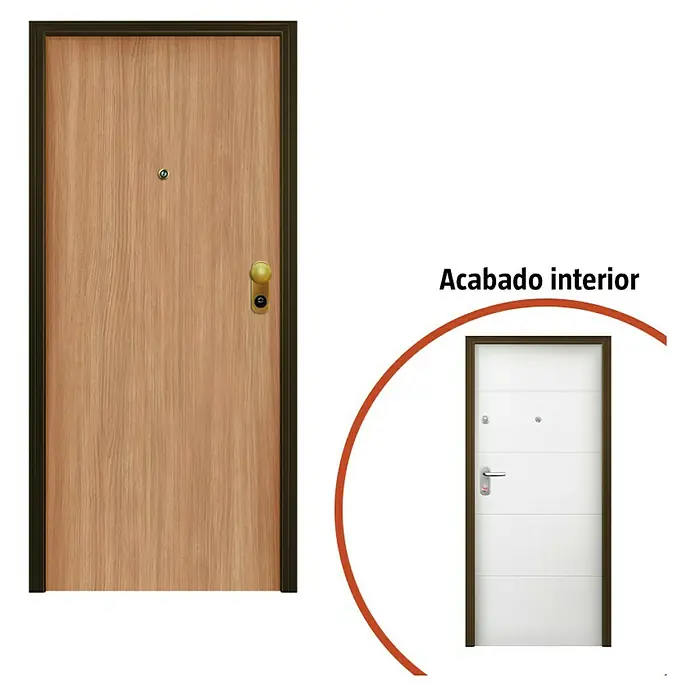 Solid Elements Puerta de entrada interior - 80 x 204 cm, Izquierda, Roble/Blanco lacado 400, Acorazada - Esta imagen muestra una puerta de madera con marco marrón y un modelo de puerta interior blanca.