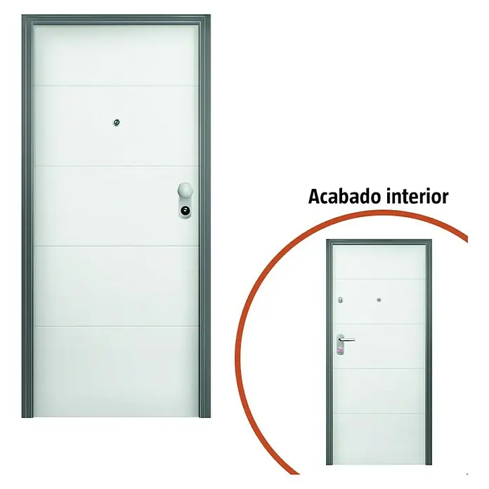 Solid Elements Puerta de entrada interior - 80 x 204 cm, Izquierda, Blanco lacado 400, Acorazada - Puerta de entrada blanca con líneas horizontales y marco gris.