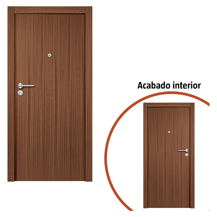Solid Elements Puerta de entrada interior - 82,5 x 203 cm, Derecha, Sapelly, Semiblindada - Representación de una puerta de madera con manija plateada y mirilla. Acento de acabado interior con puerta más pequeña en círculo.