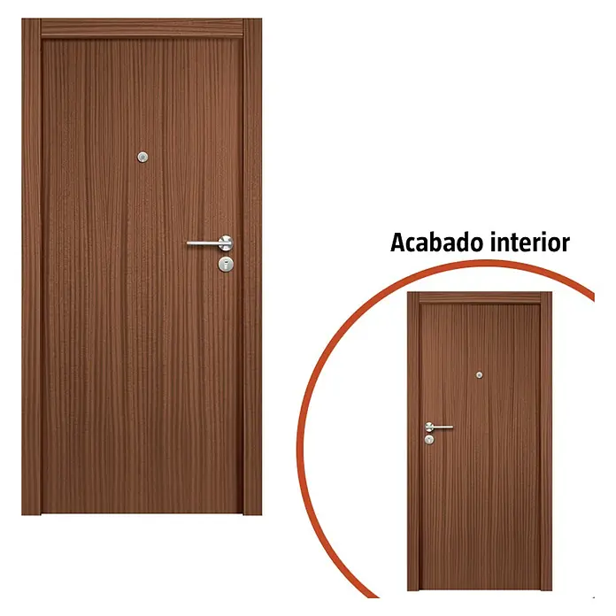 Solid Elements Puerta de entrada interior - 82,5 x 203 cm, Izquierda, Sapelly, Semiblindada - Puerta interior marrón con textura de madera y manija plateada, mostrada con el texto "Acabado interior". Diseño elegante y seguro.