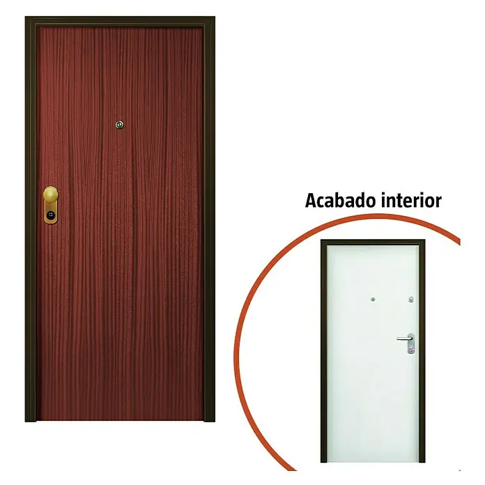 Solid Elements Puerta de entrada interior - 80 x 204 cm, Derecha, Sapelly/Blanco lacado 100, Acorazada - En la imagen se muestra una puerta principal moderna con aspecto de madera y una puerta interior blanca resaltada por un círculo rojo.