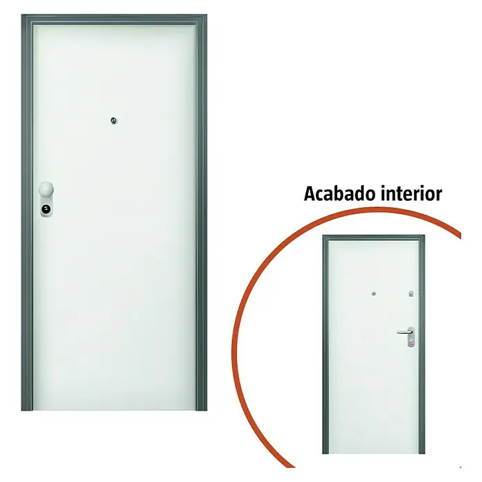 Solid Elements Puerta de entrada interior - 80 x 204 cm, Derecha, Blanco lacado 100, Acorazada - Imagen de una puerta de seguridad blanca con marco gris y herrajes.