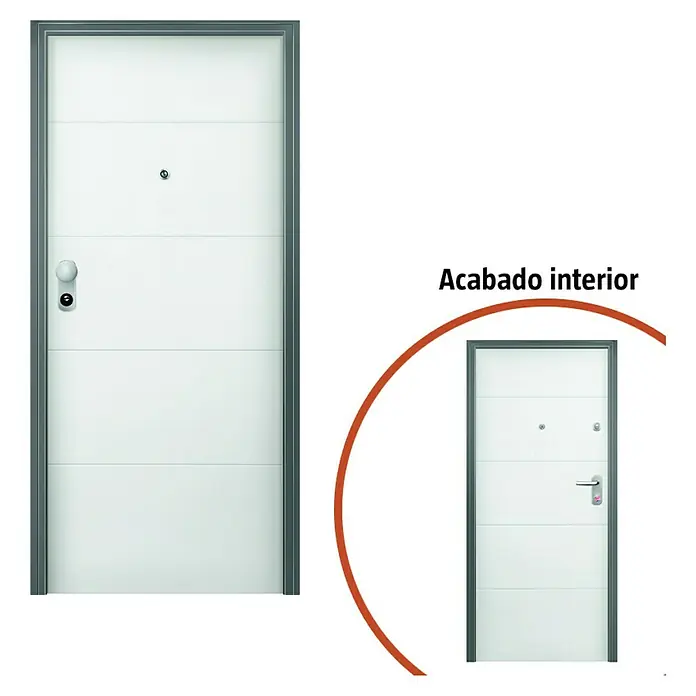 Solid Elements Puerta de entrada interior - 80 x 204 cm, Derecha, Blanco lacado 400, Acorazada - Imagen de una puerta interior blanca con marco gris. Diseño elegante y moderno para un hogar con estilo.