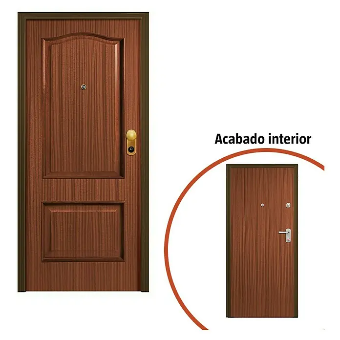Solid Elements Puerta de entrada interior - 80 x 204 cm, Izquierda, Provenzal Sapelly, Acorazada - Representación de una puerta de madera con marco marrón y manija dorada, junto a una puerta más pequeña etiquetada como "Acabado interior".
