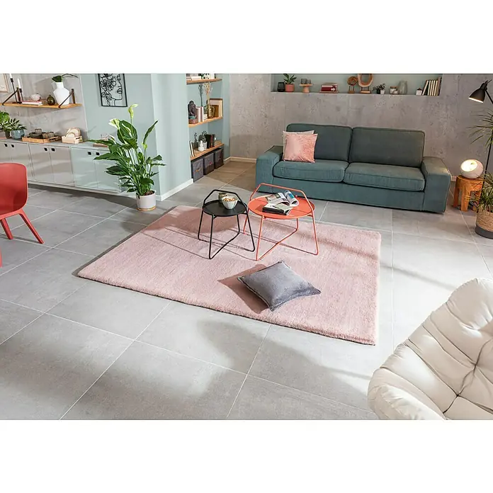 Fellteppich Happy - Rosa, 230 x 160 cm, 100 % Polyester (Flor) - Ein Wohnzimmer mit einem rosa Teppich, der unter zwei kleinen Tischen und einem grauen Kissen liegt. Eine Couch und Regale sind im Hintergrund.