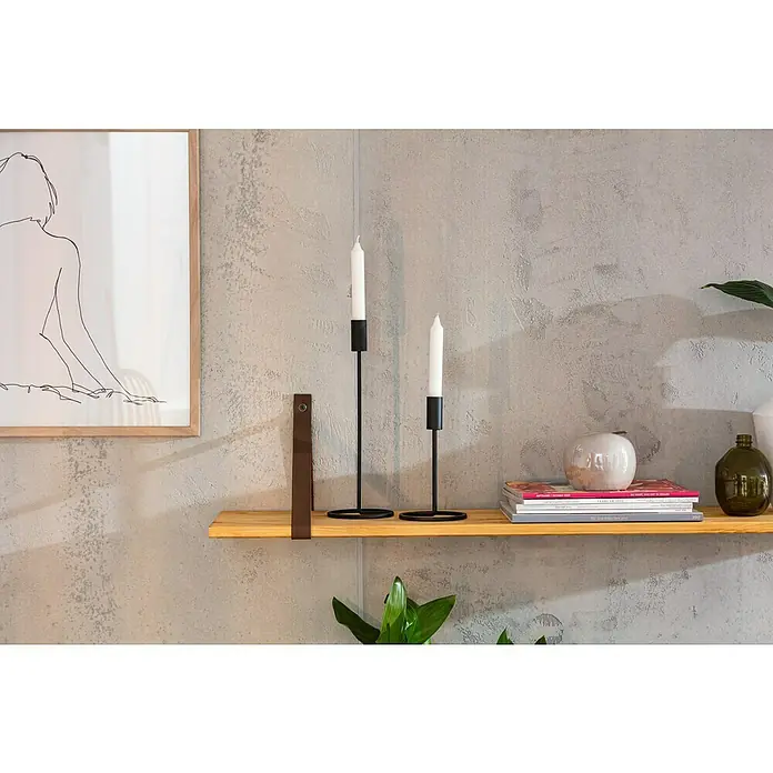 ProArt Bild - Sketch Woman, B x H: 53 x 53 cm - Stilvolle Innenraumaufnahme mit schlanken Kerzenhaltern, einem Holzregal, gerahmter Kunst und dekorativen Büchern, die eine ruhige, moderne Atmosphäre schaffen.