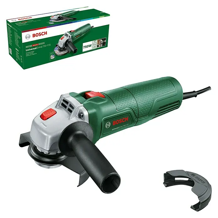 Bosch Universal Amoladora angular eléctrica Grind 750-115 - 750 W, Diámetro disco: 115 mm, 12.000 r.p.m. - Imagen de una Bosch UniversalGrind 750-115 verde con protección adicional y embalaje al fondo.
