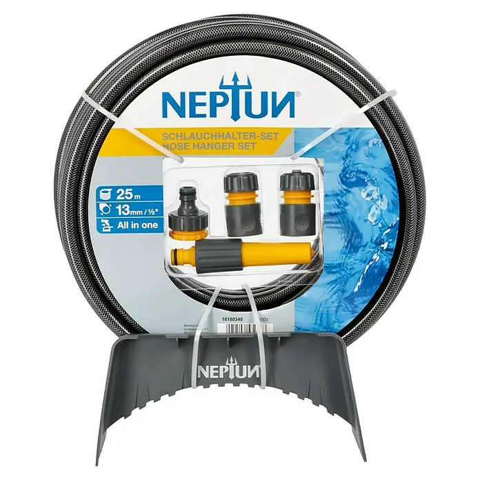 Neptun Schlauch-Set - 25 m, 13 mm - Das Neptun Schlauchhalter-Set, bestehend aus einem 25m langen Schlauch, Adaptern und einer Halterung, bietet eine umfassende Lösung für die Gartenbewässerung.
