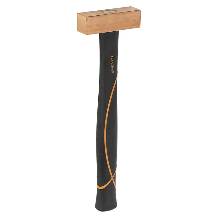 Picard Hammer BlackTec® - Material Schlagkopf: Kupfer, Gewicht Kopf: 500 g - Ein Hammer mit einem Kupferkopf und einem schwarzen Griff mit dem Aufdruck „BlackTec®“ und orangefarbenen Details.