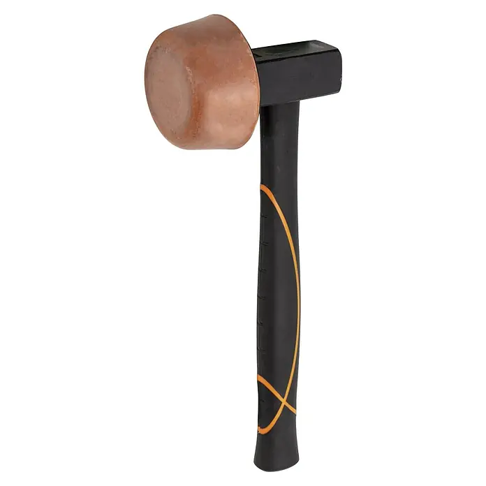 Picard Plattenlegerhammer BlackTec® - Form: Rund, Material Schlagkopf: Gummi - Ein isolierter Schonhammer mit einem Kupferkopf und einem schwarzen Griff mit orangefarbenen Akzenten für sanfte und präzise Schläge.