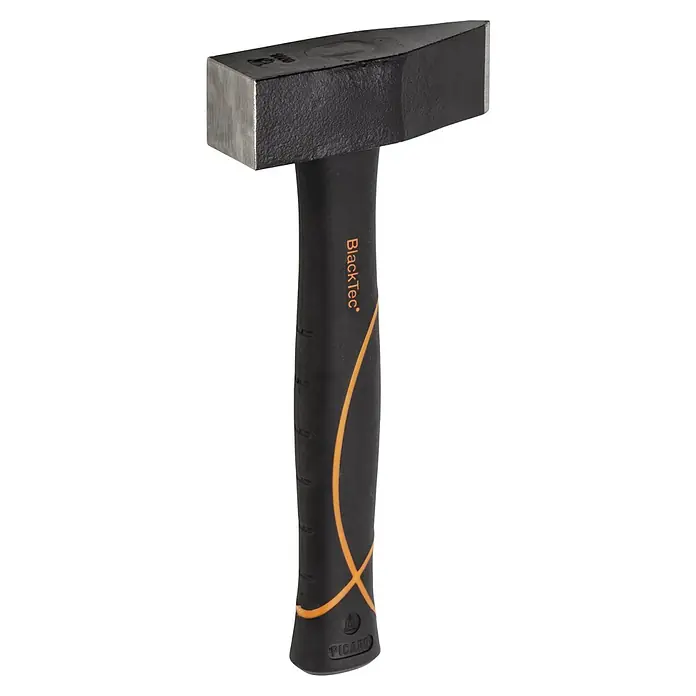Picard Spalthammer BlackTec® - Gewicht Kopf: 1.000 g, Spezialstahl - Abgebildet ist ein schwerer, schwarzer BlackTec Hammer mit einem ergonomischen Griff und einer orangefarbenen Verzierung.