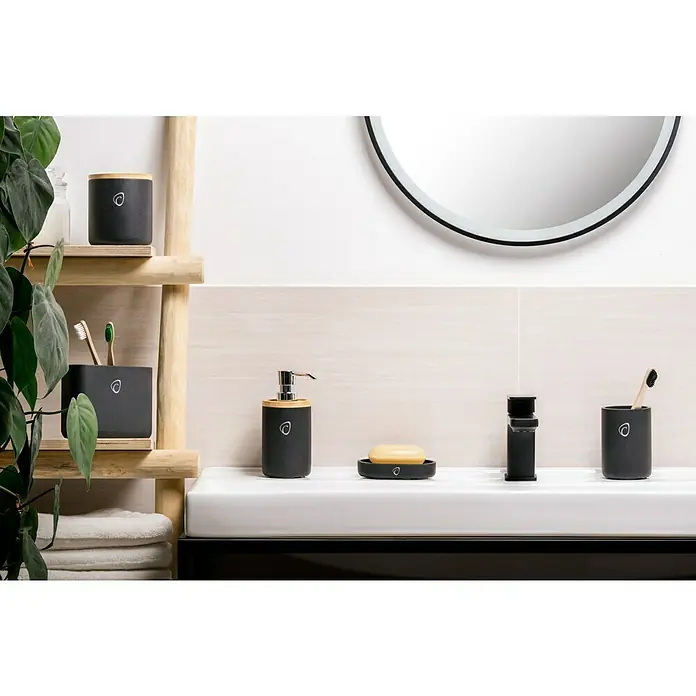 Camargue Zahnputzbecher Vero - Beton, Anthrazit - Badezimmer-Accessoires in Schwarz mit Bambusdetails, inklusive Seifenspender, Becher und Seifenablage für stilvolle Ordnung.
