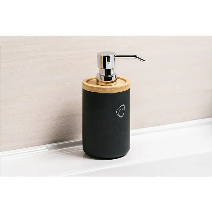 Camargue Seifenspender Vero - Bambus, Anthrazit, Höhe: 17 cm - Eleganter schwarzer Seifenspender mit Bambusdetails und verchromtem Spenderkopf. Stilvolle Badaccessoire für moderne Badezimmer.
