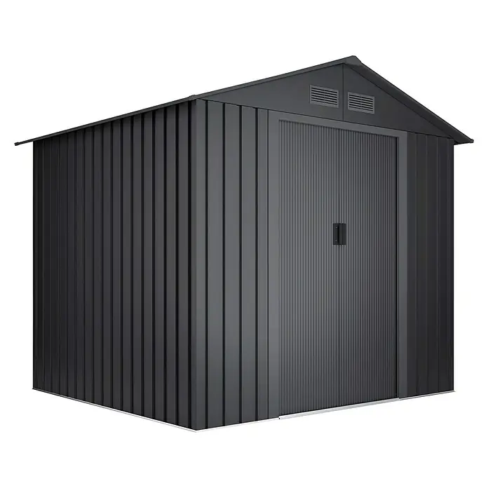 Hoggar Gerätehaus Gotland - Außenmaß inkl. Dachüberstand (B x T): 261 x 202 cm, Grau, Stahl, Grundfläche: 5,27 m² - Ein geräumiger, anthrazitfarbener Geräteschuppen aus Metall mit Doppeltür und Entlüftungsöffnungen im Giebeldach.