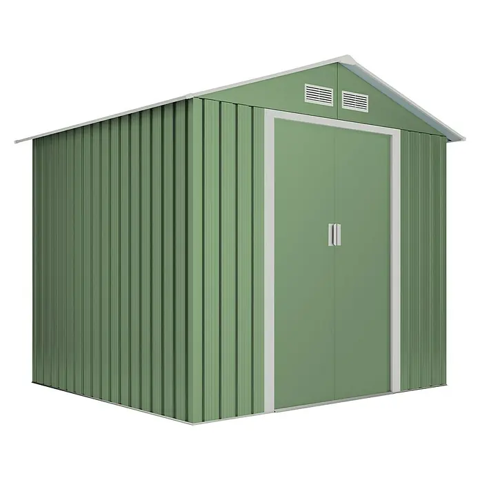 Hoggar Gerätehaus Gotland - Außenmaß inkl. Dachüberstand (B x T): 261 x 202 cm, Grün, Stahl, Grundfläche: 5,27 m² - Ein grünes Metallgartenhaus mit Doppeltür und Belüftungsschlitzen im Giebel, ideal für die Aufbewahrung von Gartengeräten.