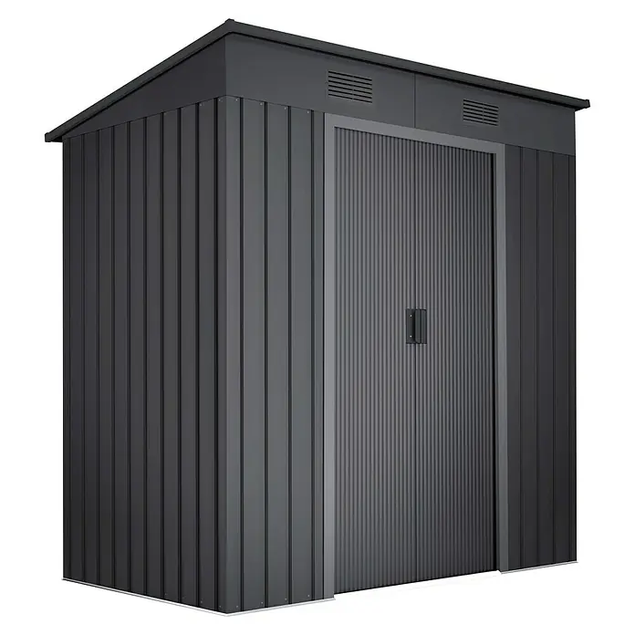 Hoggar Gerätehaus Oulu - Außenmaß inkl. Dachüberstand (B x T): 238 x 130 cm, Stahl, Grau, Grundfläche: 3,14 m² - Ein graues Gartenhaus aus Metall mit einer vertikal gerippten Tür und Belüftungsöffnungen. Solide Konstruktion für den Außenbereich.