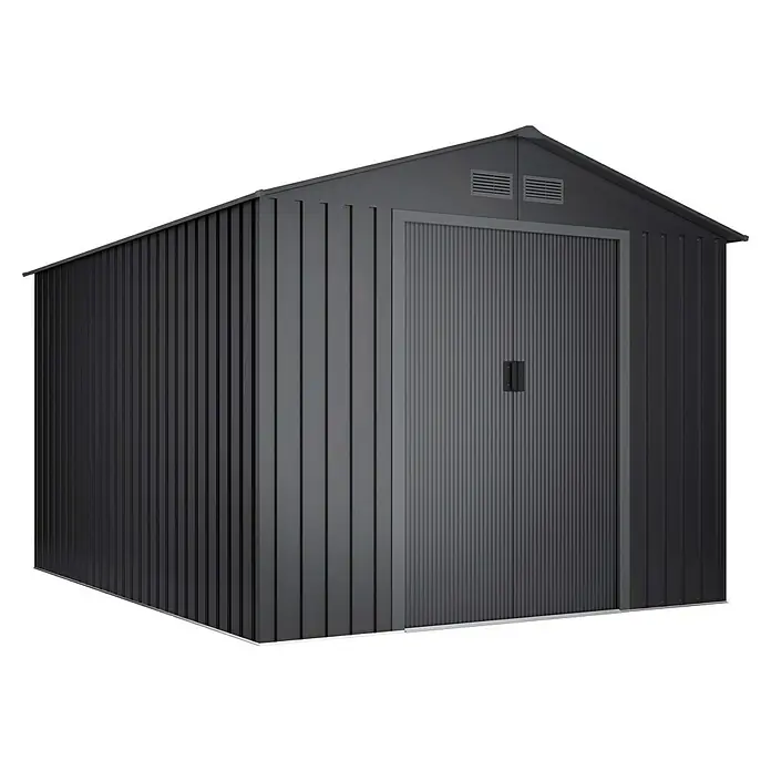 Hoggar Gerätehaus Köppen - Außenmaß inkl. Dachüberstand (B x T): 258 x 313 cm, Anthrazit, Stahl, Grundfläche: 8,08 m² - Ein modernes, graues Metallgartenhaus mit einer Tür in der Mitte und Lüftungsschlitzen unter dem Dach.